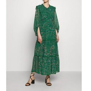 Three Floor Hansen Floral Long Puff Sleeve Ruffle Flowy Maxi Dress Green 4
